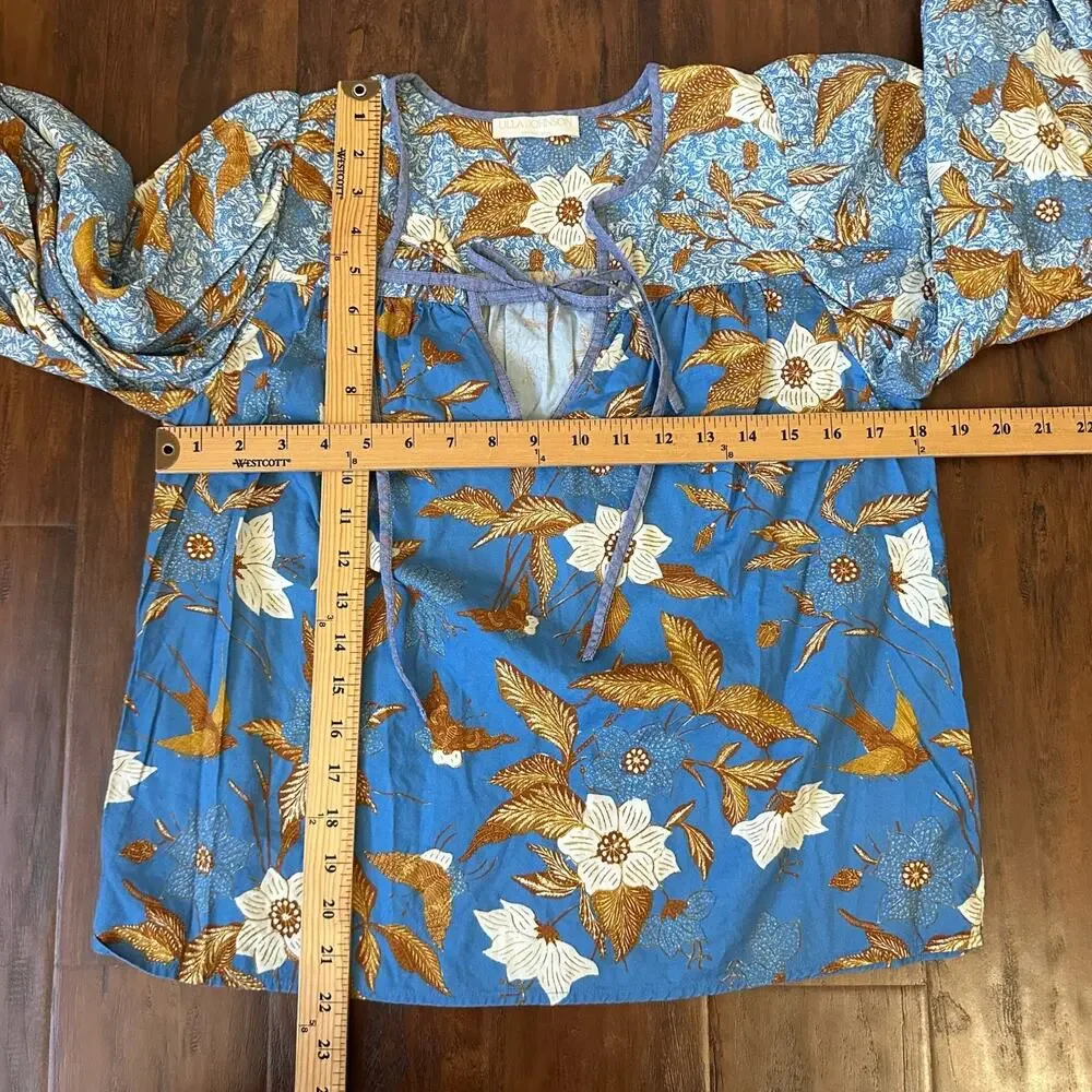 ULLA JOHNSON Joanie Blouse Lapis Blue Floral Puff Long Sleeve Boho